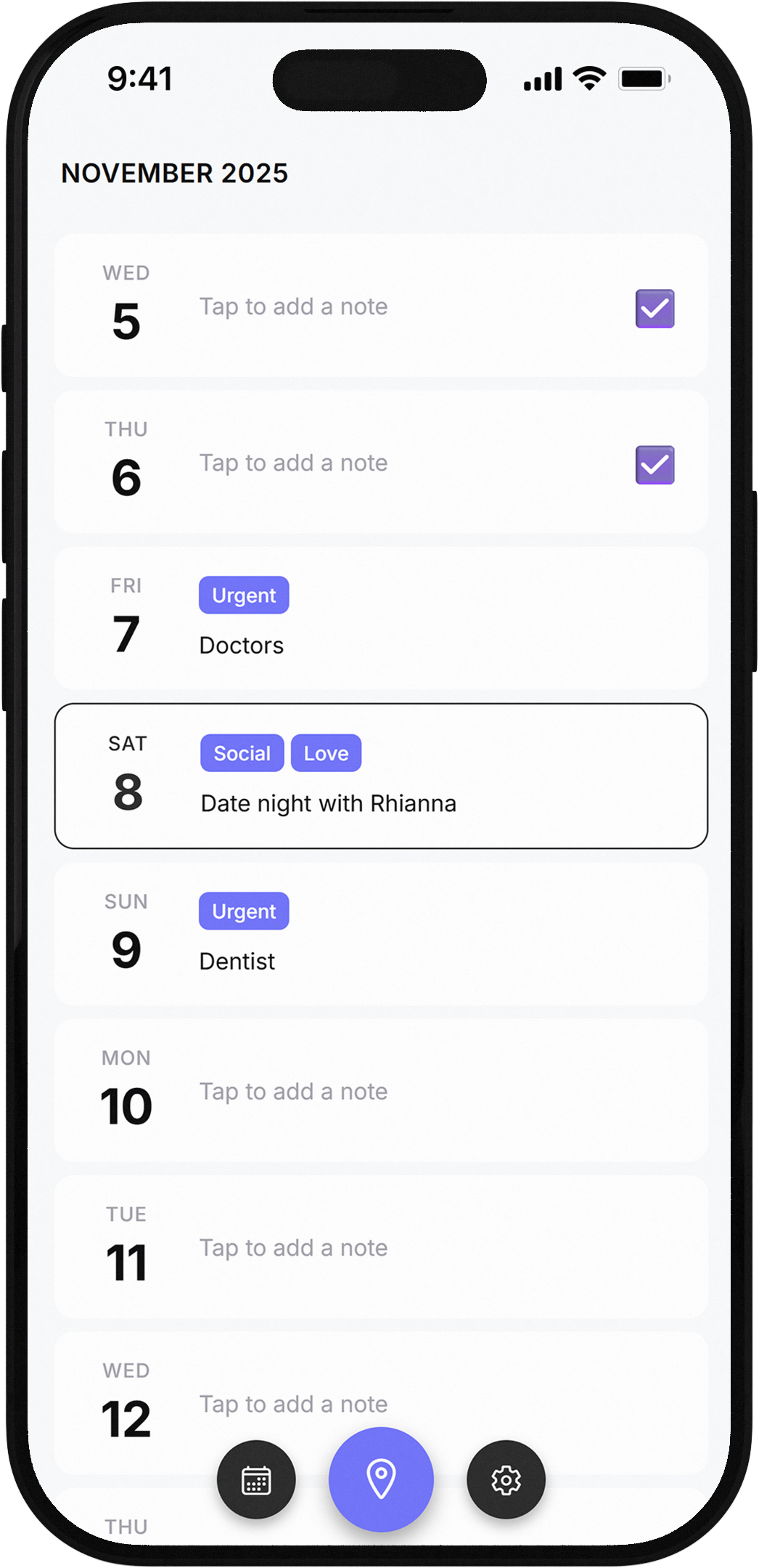 TinyCal app interface showing calendar view